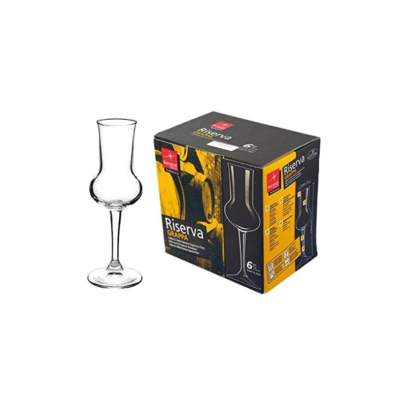 Set di 6 calici da grappa Bormioli Rocco linea Riserva da 8 cl con design a tulipano
