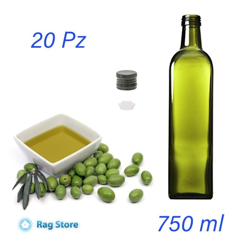 kit 20 bottiglie quadrate in vetro verde per olio da 750 ml con beccuccio salva goccia