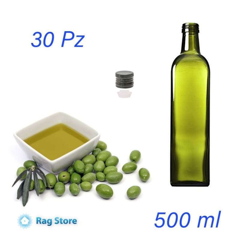 Kit 30 bottiglie per olio Marasca 500 ml in vetro verde UVAG con tappo a vite, ideali per olio extravergine