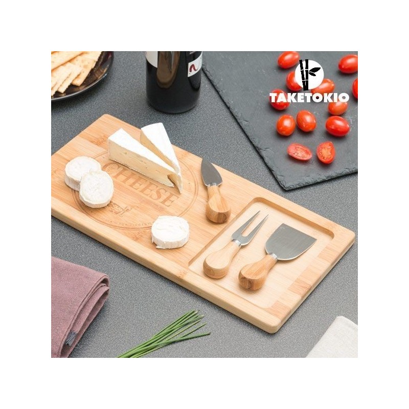 TAGLIERE FORMAGGI IN LEGNO BAMBOO CON 3 COLTELLI CM 38x18