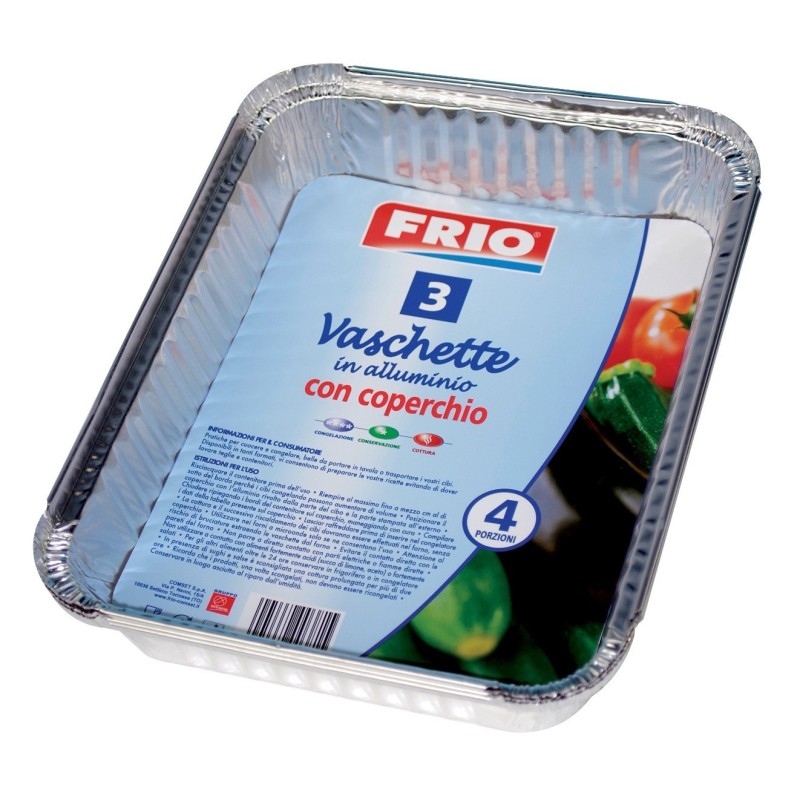 VASCHETTA IN ALLUMINIO PER ALIMENTI RETTANGOLARE 4 PORZIONI CON COPERCHIO Pz 3