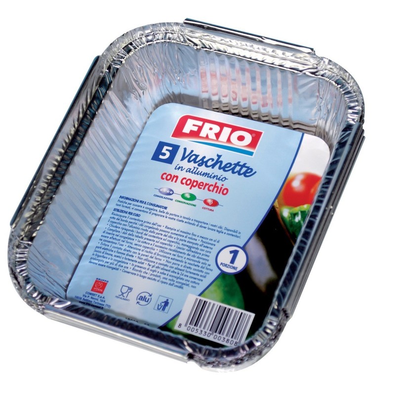 VASCHETTA IN ALLUMINIO PER ALIMENTI RETTANGOLARE 1 PORZIONE CON COPERCHIO Pz 5