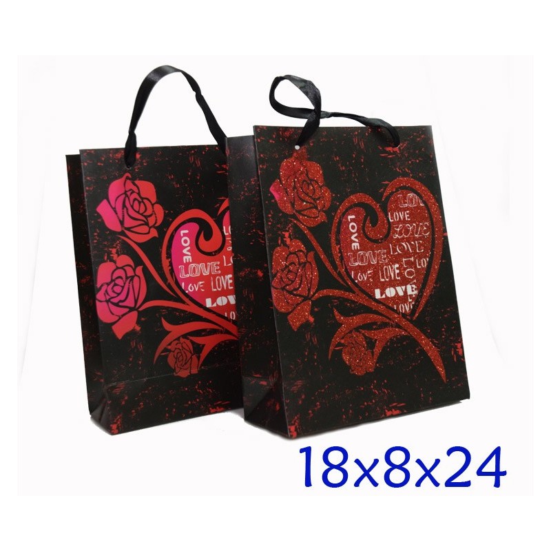 BUSTA CARTA SHOPPERS CUORE LOVE NERA CM 18x8x24