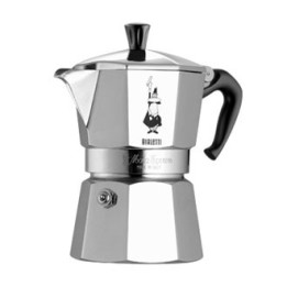 Vista frontale Caffettiera Moka Express Bialetti 6 tazze con logo Omino coi Baffi