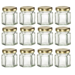Kit 12 barattoli esagonali in vetro da 45 ml con tappo oro, ideali per miele monodose e bomboniere eleganti
