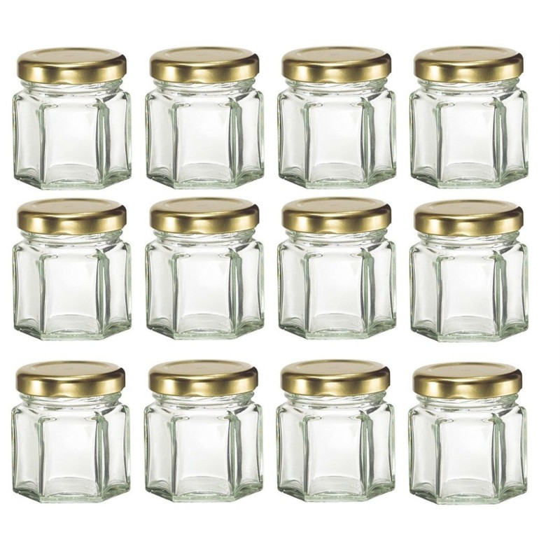 Kit 12 barattoli esagonali in vetro da 45 ml con tappo oro, ideali per miele monodose e bomboniere eleganti
