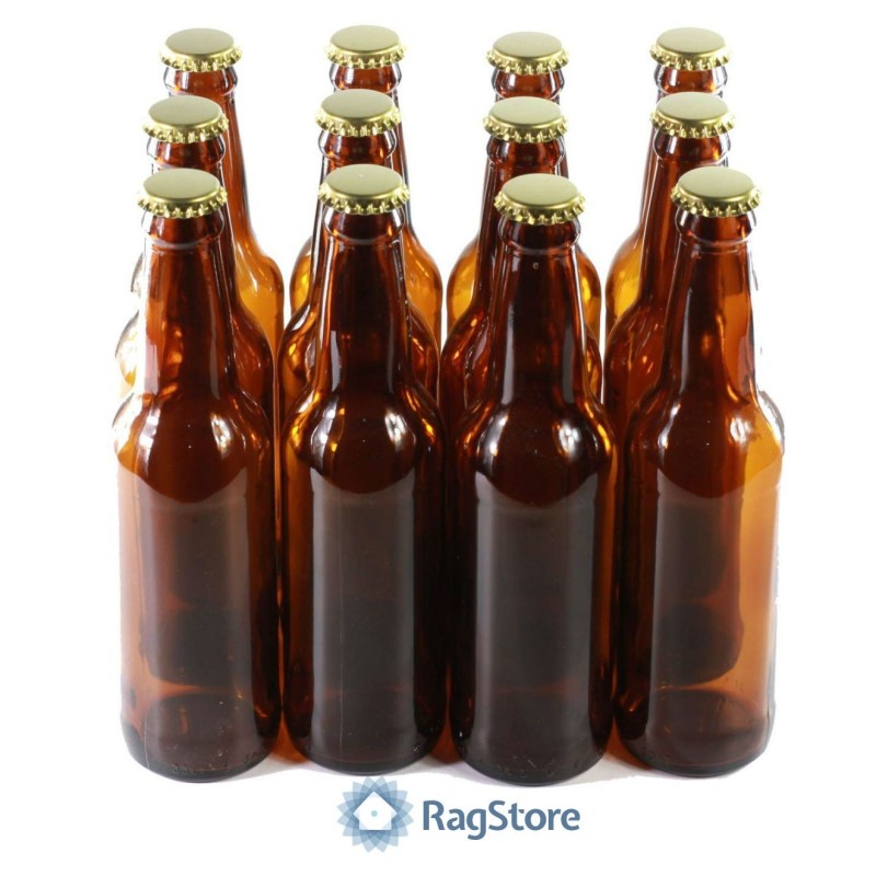 12 Bottiglie vetro marrone per birra 330 ml - 33 cl con tappi corona