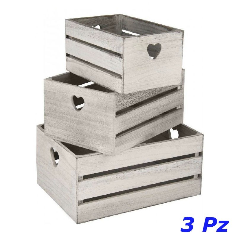 CASSETTA IN LEGNO SHABBY CHIC 3 Pz WHITE A CUORI