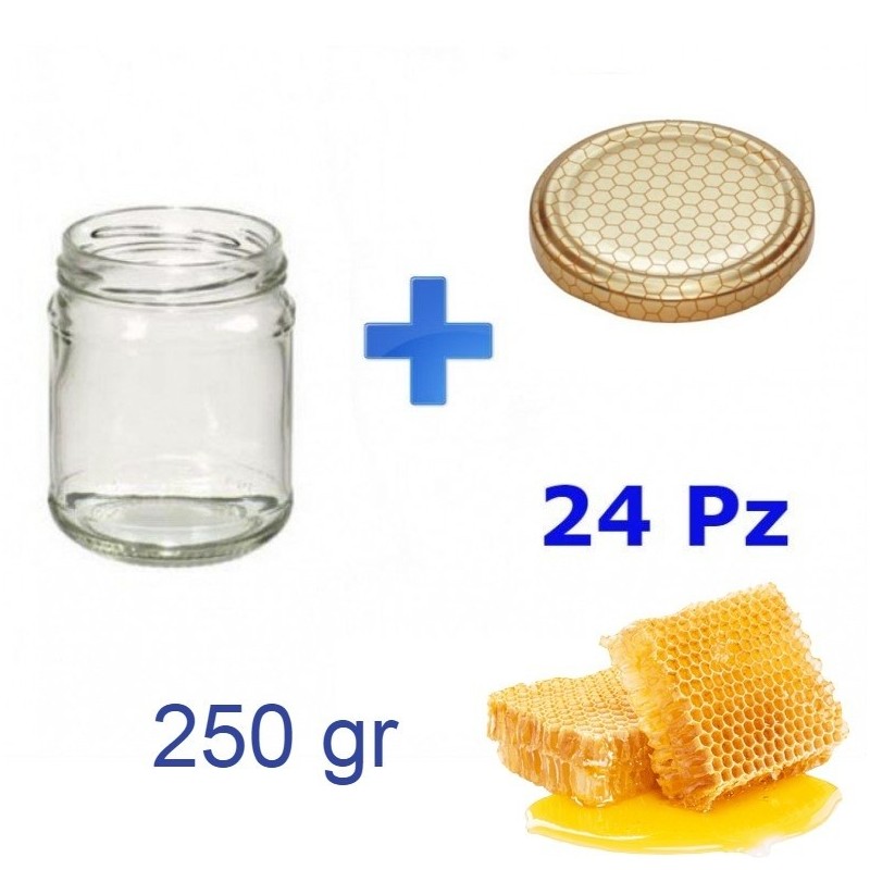24 vasetti in vetro per miele da 250 gr - barattoli completi di capsule alveare