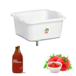 Bacinella contenitore con rubinetto erogatore per salsa di pomodoro