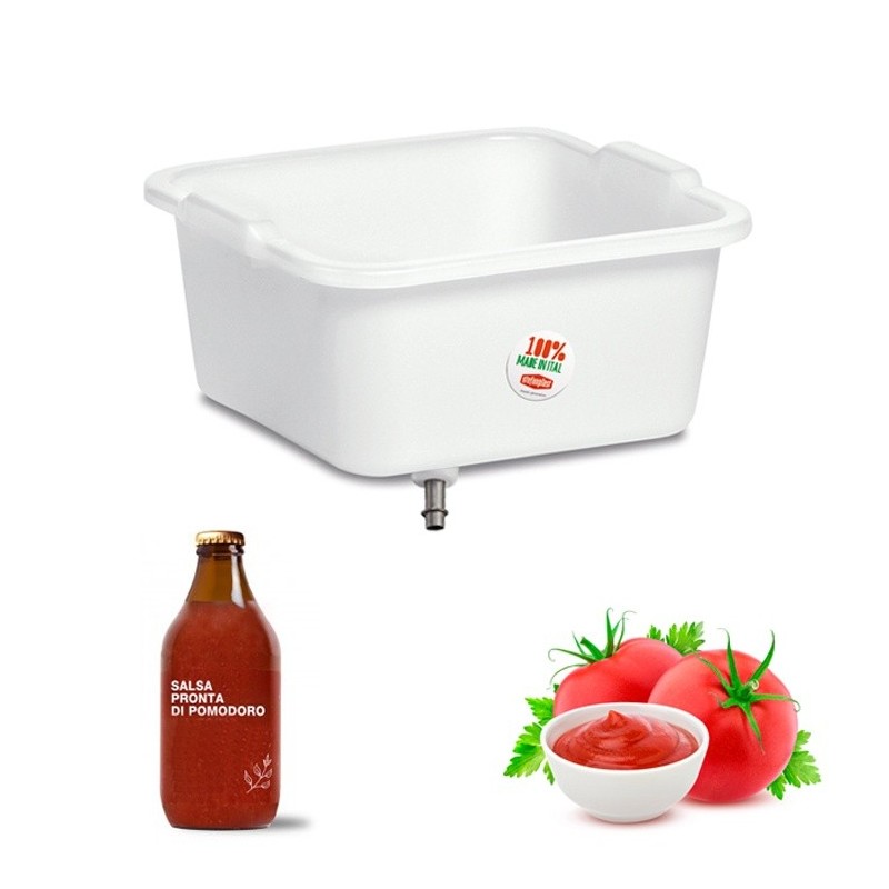 Bacinella contenitore con rubinetto erogatore per salsa di pomodoro