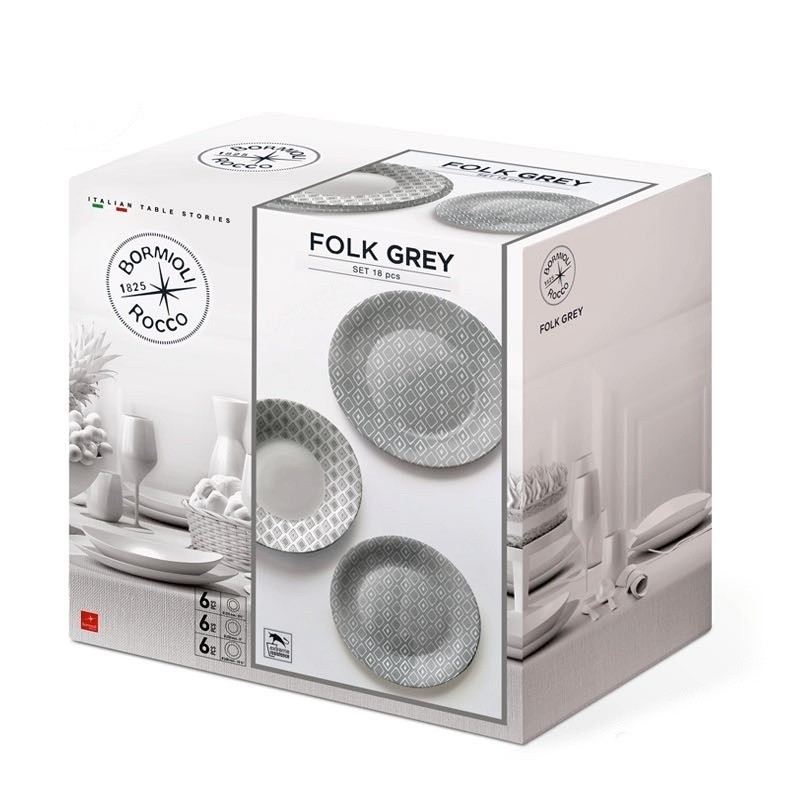 Set 18 piatti tavola in vetro temperato modello Folk grigio Bormioli Rocco