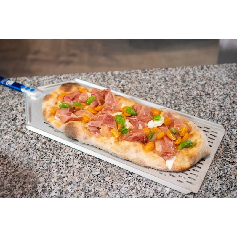 PALA PIZZA A METRO AZZURRA ALLUMINIO FORATA CM 40x60 MANICO CM 120