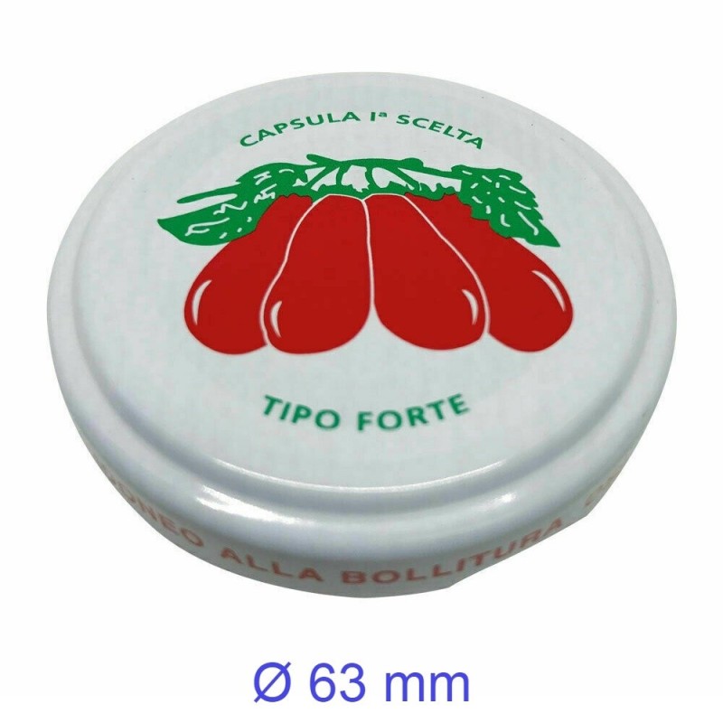 Tappi twist-off Ø 63 mm decorati pomodoro, ideali per conserve fatte in casa – set da 100 pezzi