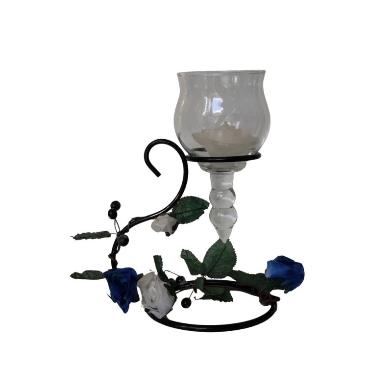 CANDELABRO FERRO/VETRO C/FIORI TESSUTO