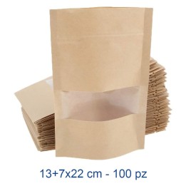Sacchetto in carta con finestra e zip cm 13+7x22,5 - 100 Pz