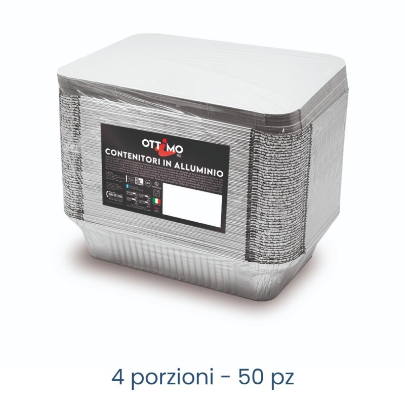 VASCHETTA IN ALLUMINIO RETTANGOLARE 4 PORZIONI CON COPERCHIO - 50 Pz