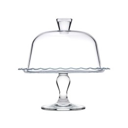 Alzata in vetro trasparente per dolci con coperchio a campana, diametro 26 cm, vista frontale su sfondo neutro.