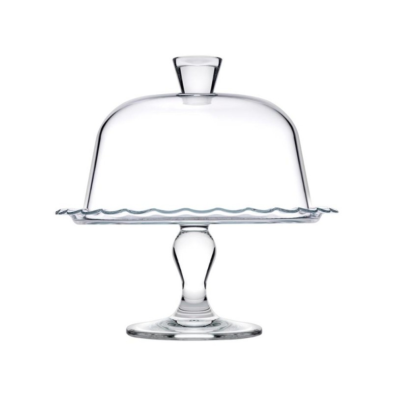Alzata in vetro trasparente per dolci con coperchio a campana, diametro 26 cm, vista frontale su sfondo neutro.