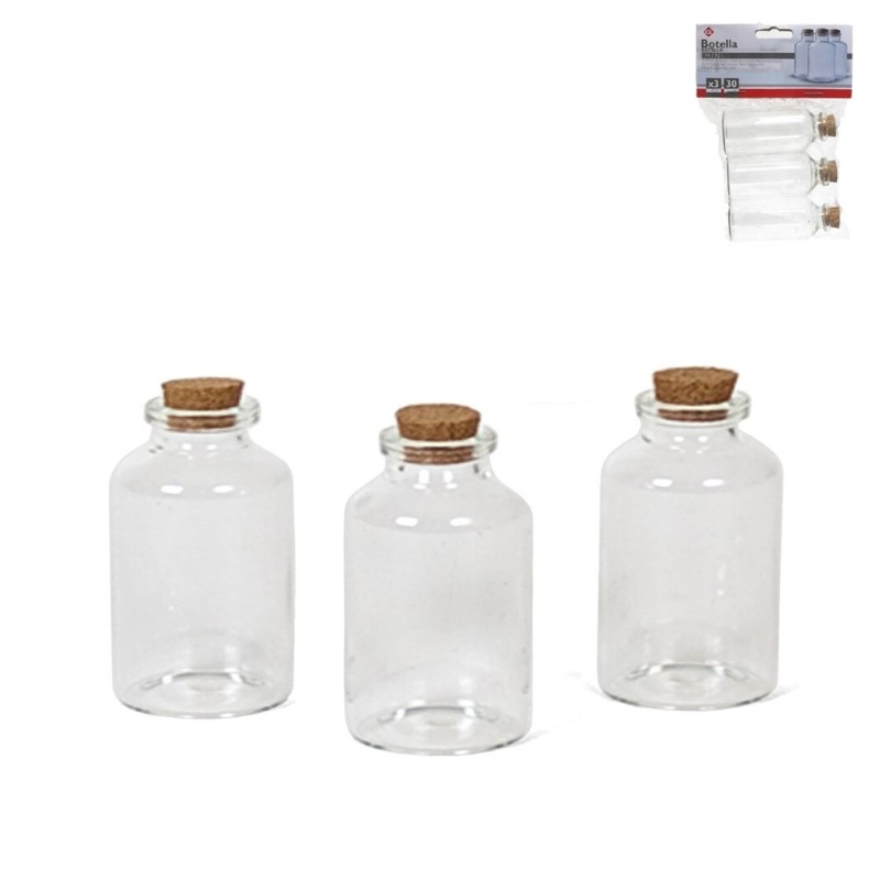 BOTTIGLIE MINI FLACONE 30 ML CON TAPPO SUGHERO 3 Pz