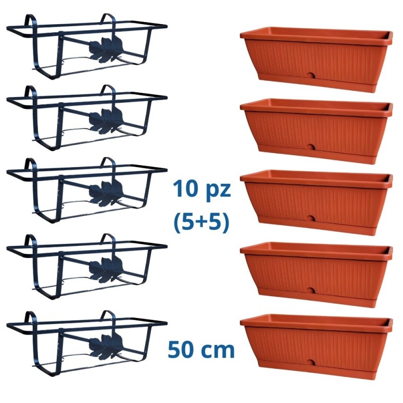 Kit fioriera ferro per balcone da 50 cm completa di vasi color terracotta