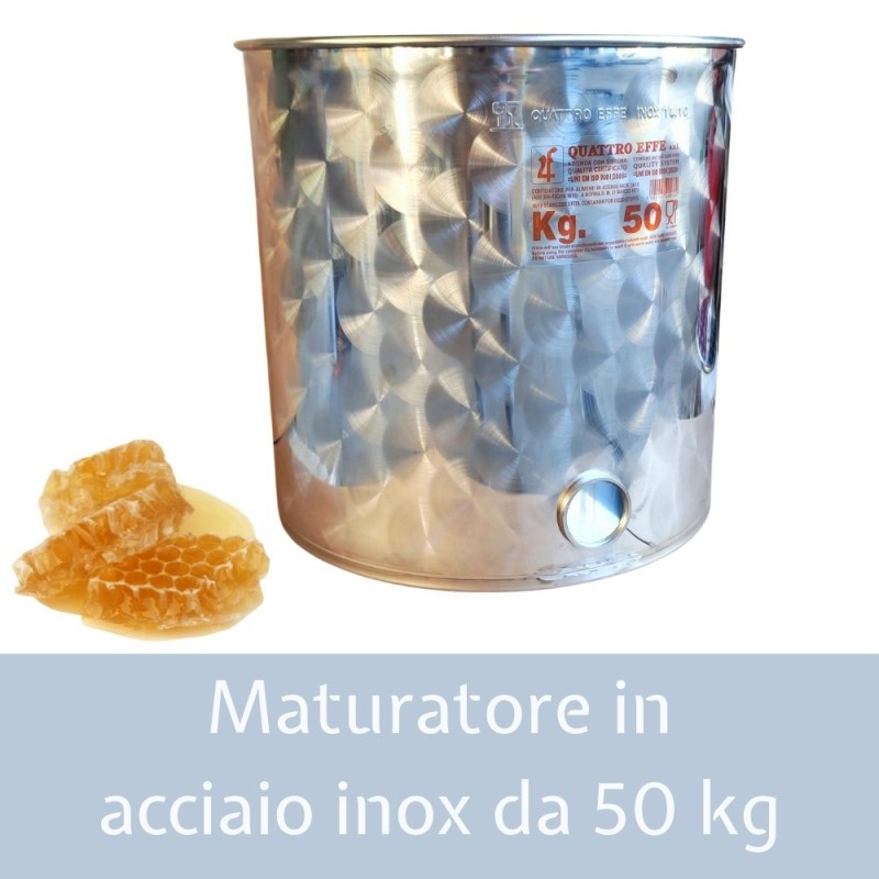 Vista laterale del maturatore miele inox 4F da 50 kg con coperchio in appoggio