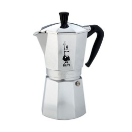 Moka Express Bialetti 18 tazze in alluminio vista frontale con logo omino con i baffi