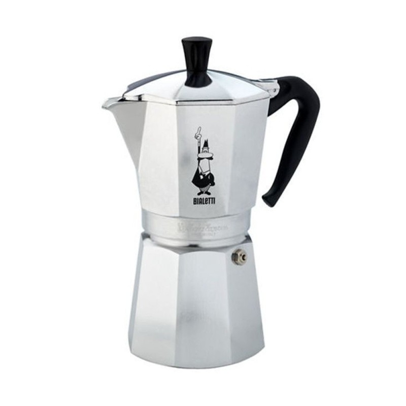 Moka Express Bialetti 18 tazze in alluminio vista frontale con logo omino con i baffi
