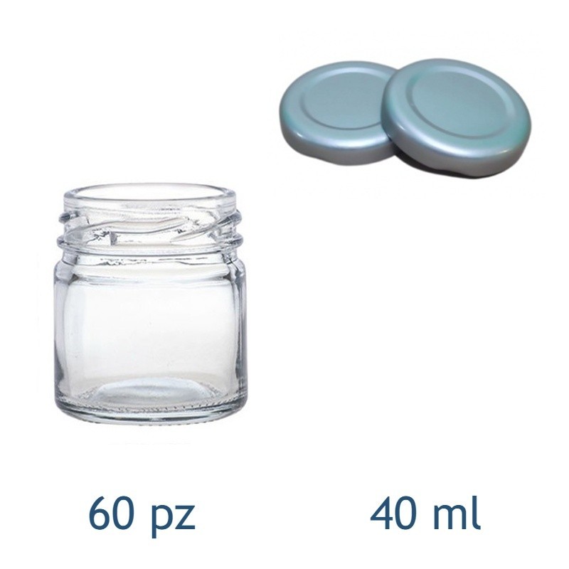 Set di 60 barattoli in vetro monodose da 40 ml con tappo argento, ideali per bomboniere e segnaposto