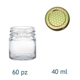 Kit 60 barattoli di vetro per miele da 40 ml con tappo alveare dorato