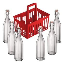Kit 6 bottiglie costolate da 1 lt. complete di tappo meccanico e cestello