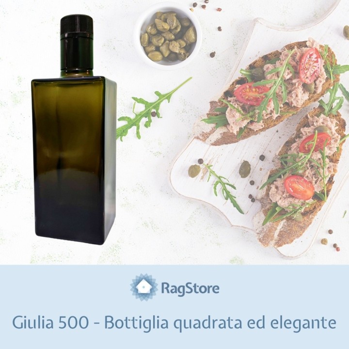 Bottiglia per olio modello Giulia quadrata da 500 ml con tappo anti rabocco Guala nero