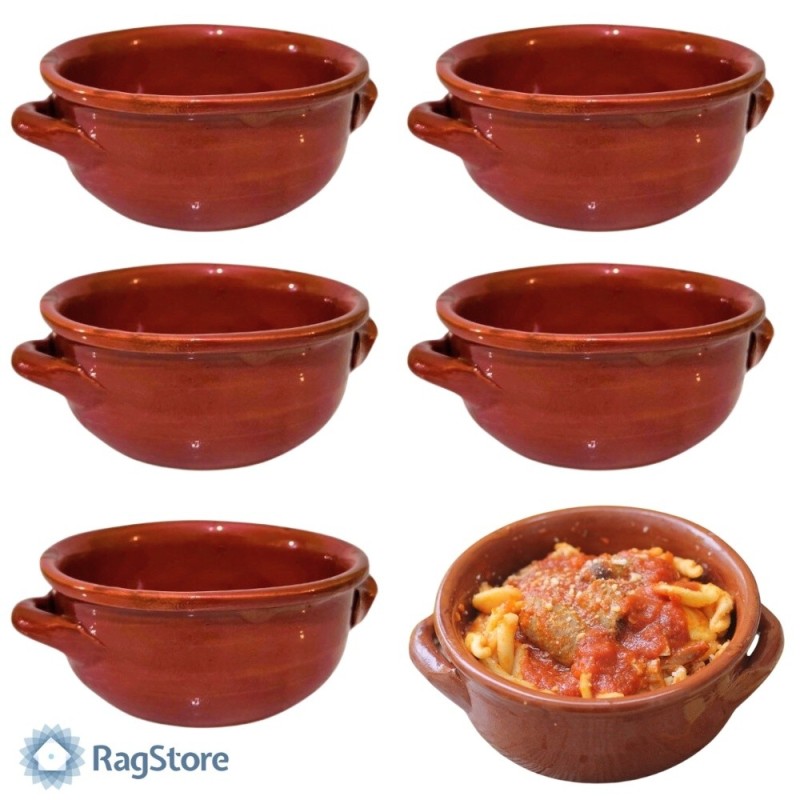 Set di tegamini da cucina in stile rustico, realizzati in terracotta smaltata, adatti alla cottura di pasta