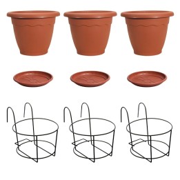 Set 3 fioriere balconiere in ferro rotonde complete di vaso da 25 cm