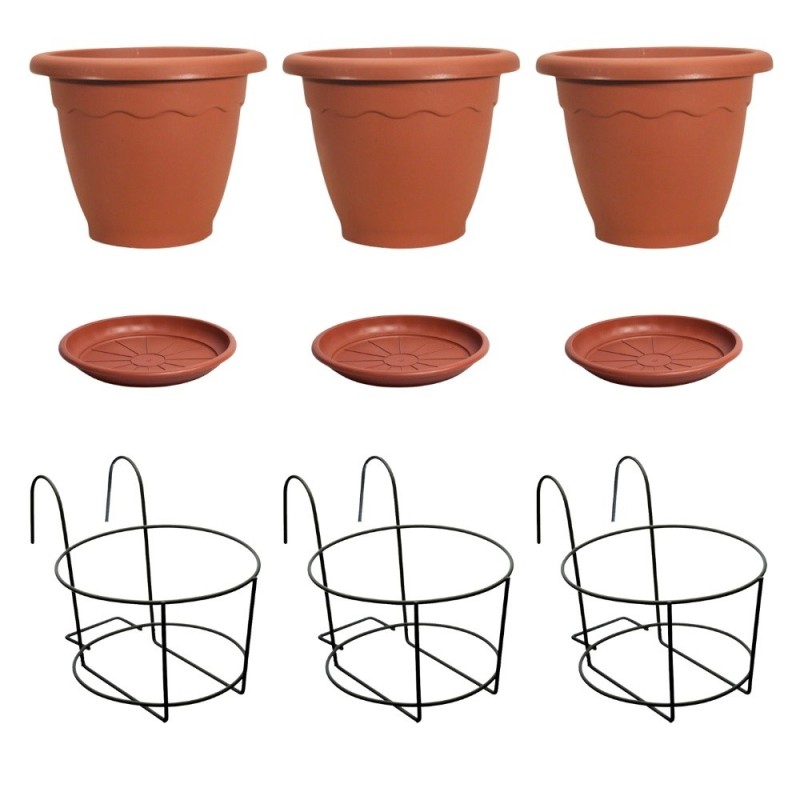 Set 3 fioriere balconiere in ferro rotonde complete di vaso da 25 cm
