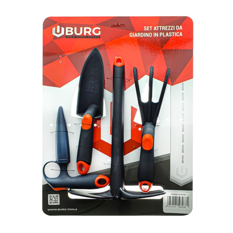 Set 4 attrezzi da giardino in plastica - piantatore - rastrello - paletta - 8052101460681