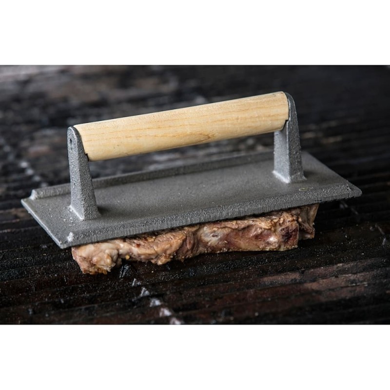 Piastra in ghisa pressa hamburger e carne per cottura perfetta