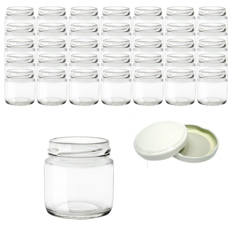 Set 35 barattoli in vetro trasparente da 106 ml completi di tappi bianchi
