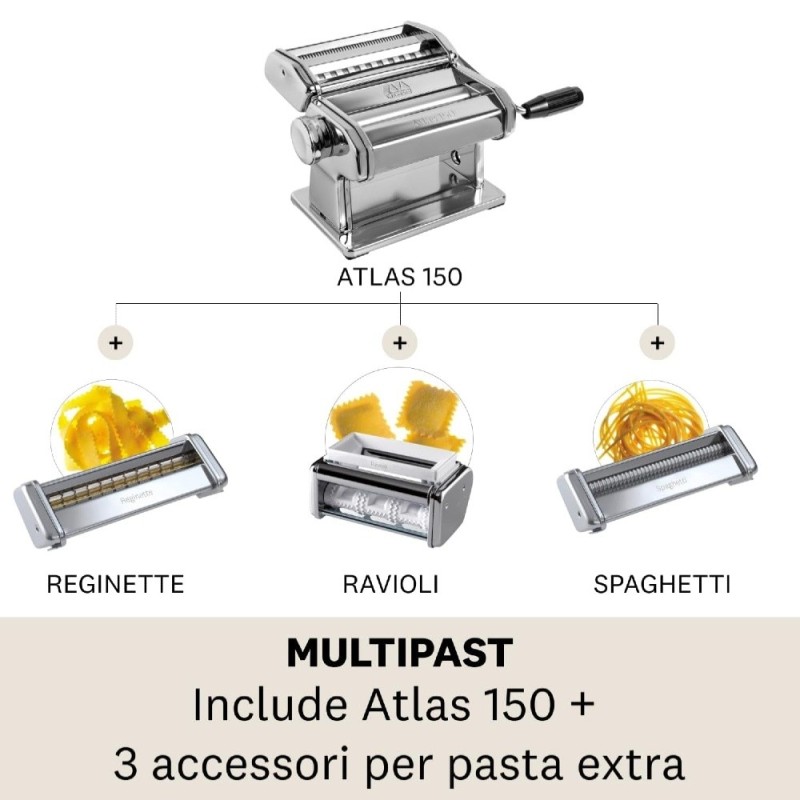 Macchina per pasta Atlas 150 + 3 accessori (ravioli, reginette, spaghetti)