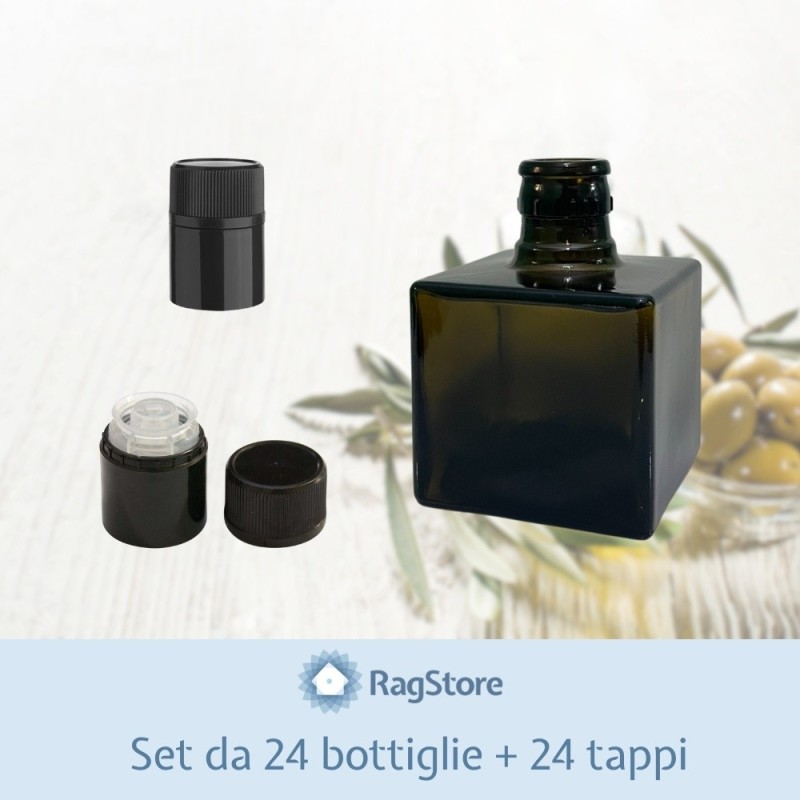 Dettaglio bottiglia Giulia da 250 ml e componenti del tappo Guala nero antifrode