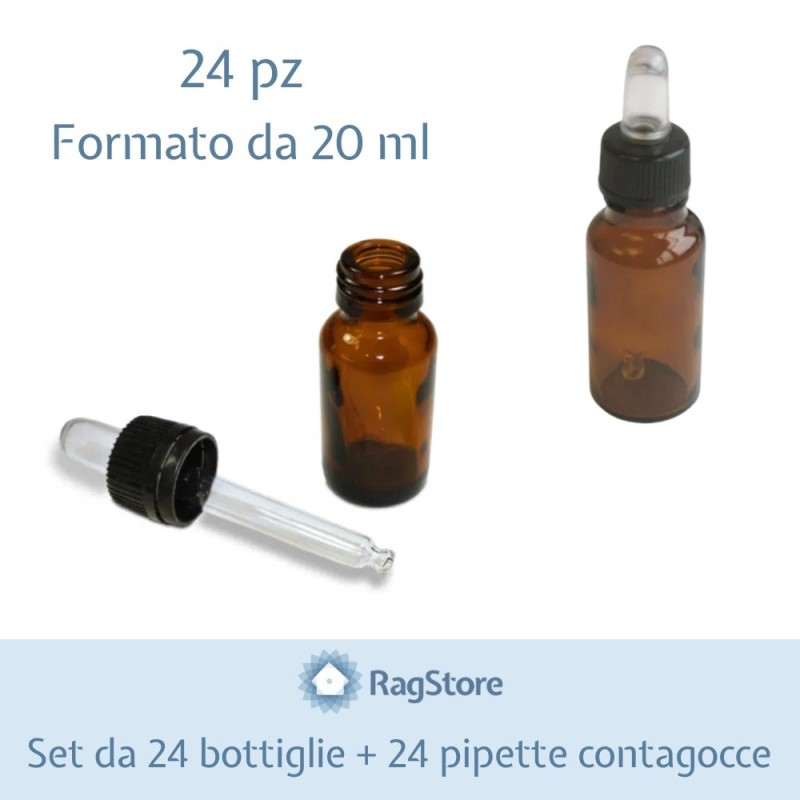 Set da 24 bottigliette in vetro ambrato da 20 ml con pipette contagocce
