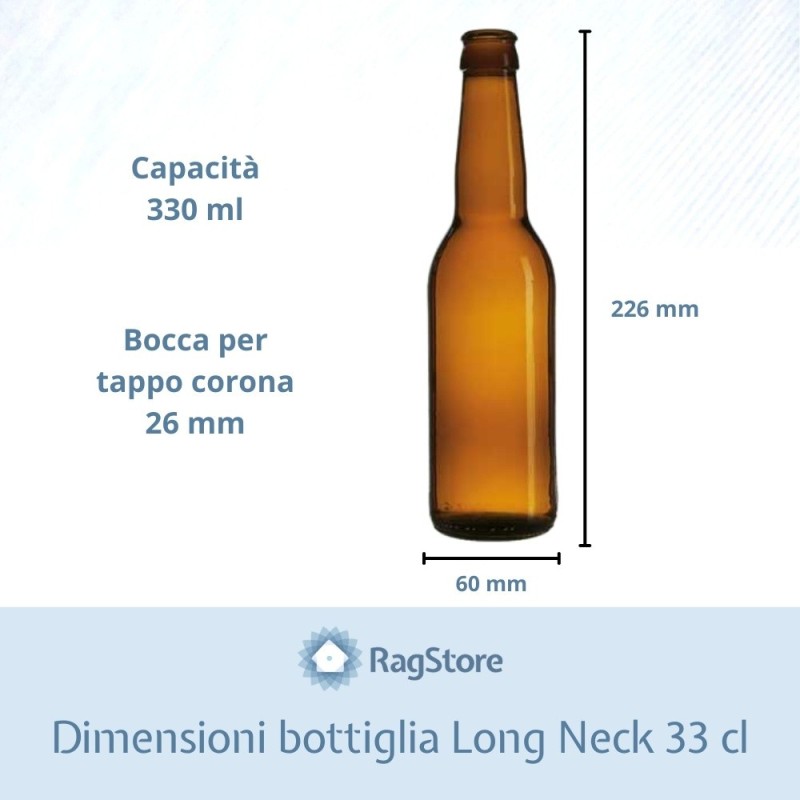 Dimensioni bottiglia birra Long Neck da 33 cl colore ambra marrone RagStore