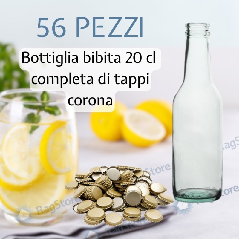 Kit 56 bottiglie vetro 200 ml con tappi corona oro – ideali per succhi e bibite artigianali