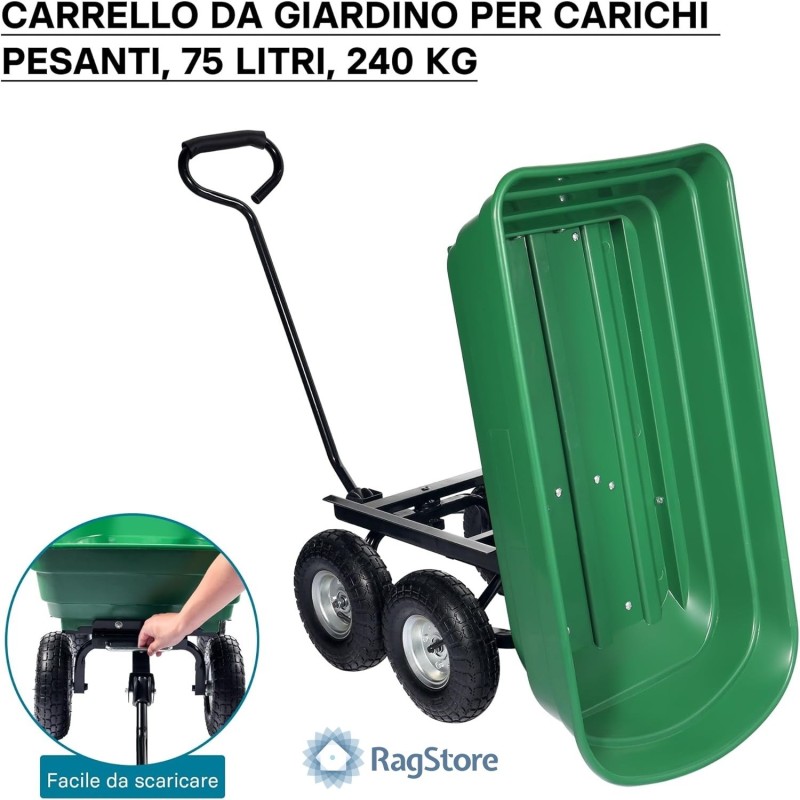 Carrello da giardino ribaltabile da 75 lt con 4 ruote pneumatiche