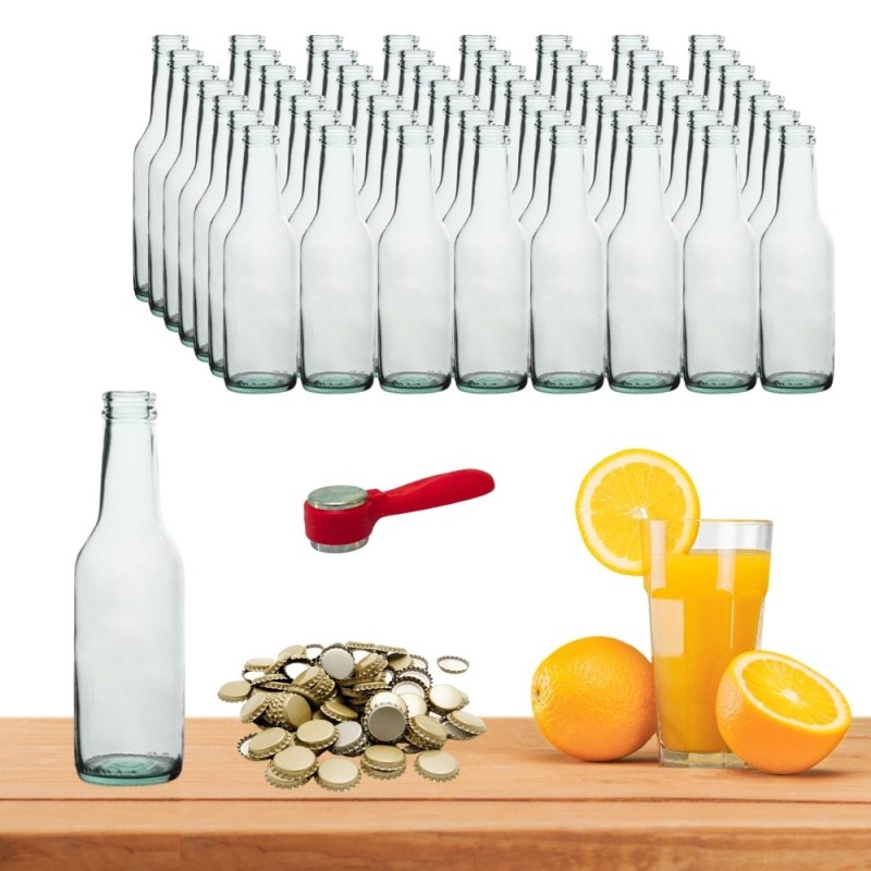 Set completo 56 bottiglie vetro 200 ml con 100 tappi corona – ideale per liquidi alimentari