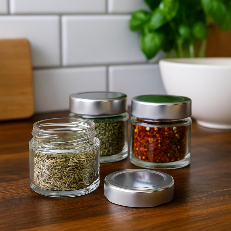 Set 50 barattoli in vetro per spezie e aromi da cucina - formato piccolo da 67 ml completo di tappo argento