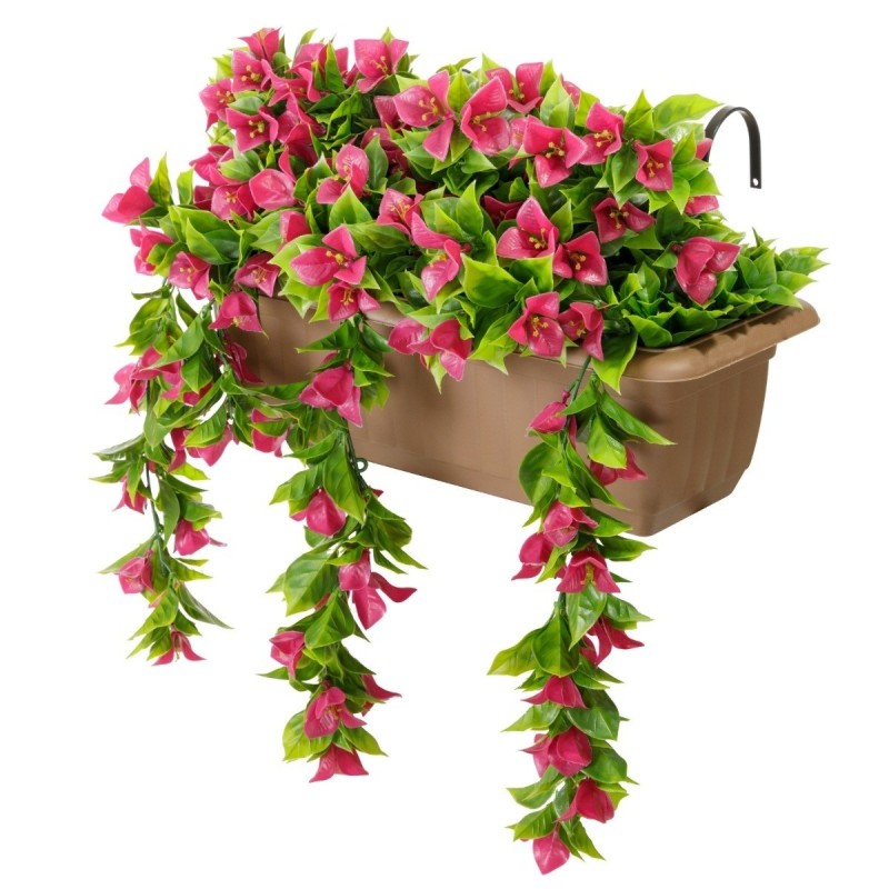 Vaso da Balcone 50cm con Bouganvillea Rosa Artificiale e Ganci Integrati