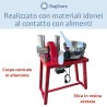 Accessori in acciaio inox e resina acetata del passa pomodori elettrico Charlie su banchetto
