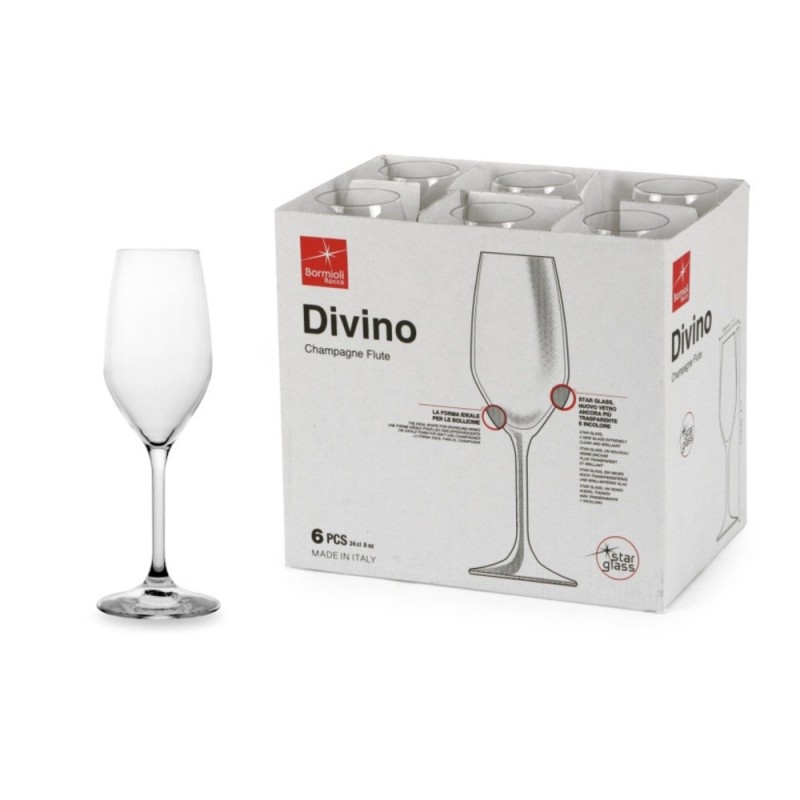 Confezione da 6 bicchieri flute in vetro Divino per prosecco spumante champagne