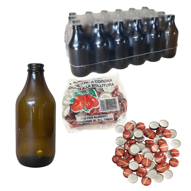 24 bottiglie in vetro per salsa da 330 ml complete di tappi corona rossi